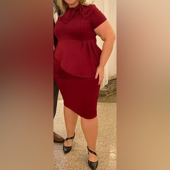 LAGSHIAN Bodycon Short Sleeve Bow Club Ruffle Pencil Party Dress- wine red- XL - Picture 8 of 10